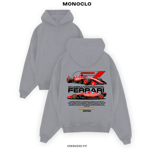 Сіре худі Monoclo oversize з великим червоно-чорним принтом Ferrari Formula 1 на спині, утеплена тканина 320 г/м²