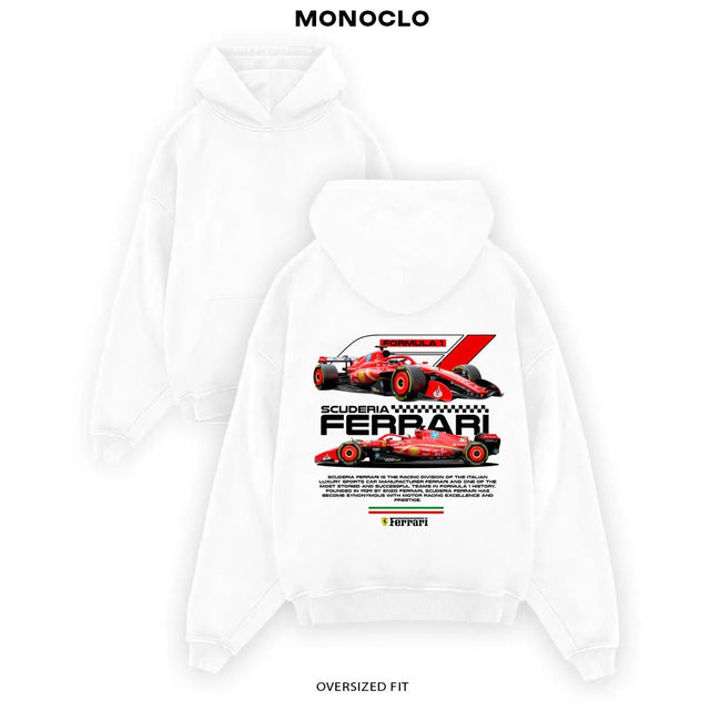 Біле худі Monoclo оверсайз з логотипом Scuderia Ferrari Formula 1 на спині, утеплений крій та преміальна тканина 320 г/м²