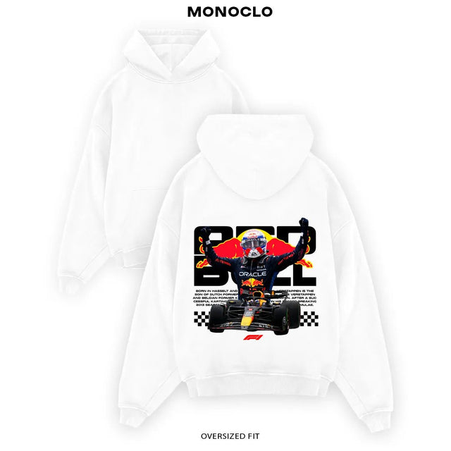 Сіре худі Monoclo WHITE VERSTAPPEN ⚡ утеплений oversize 320 г/м² з принтом у стилі Formula 1