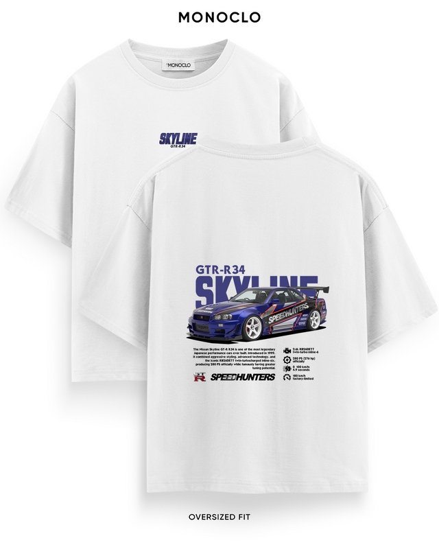Футболка Skyline GT-R R34 Speedhunters — Білий, перед 11 см, спина 39 см