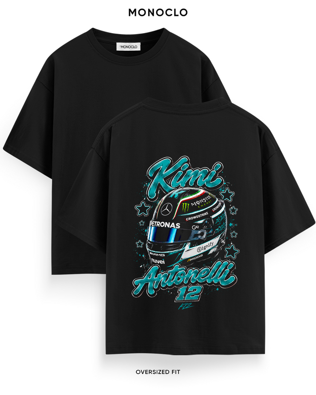 Футболка Monoclo Kimi Antonelli #12 Helmet Halftone — чорний, принт на спині 43 см