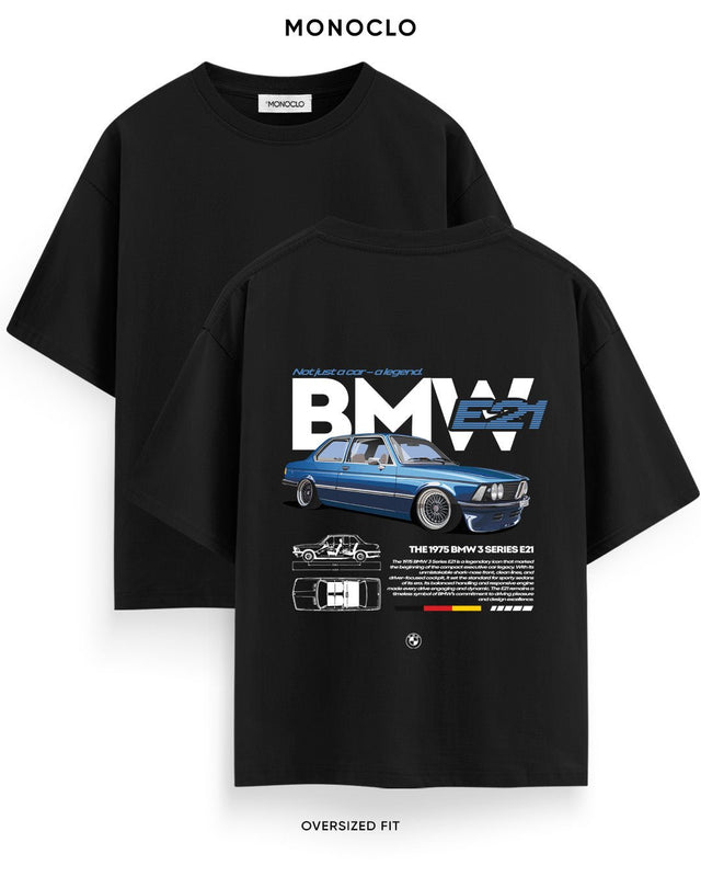 Футболка Monoclo BMW E21 чорна — оверсайз футболка з принтом BMW E21 “Not just a car – a legend”