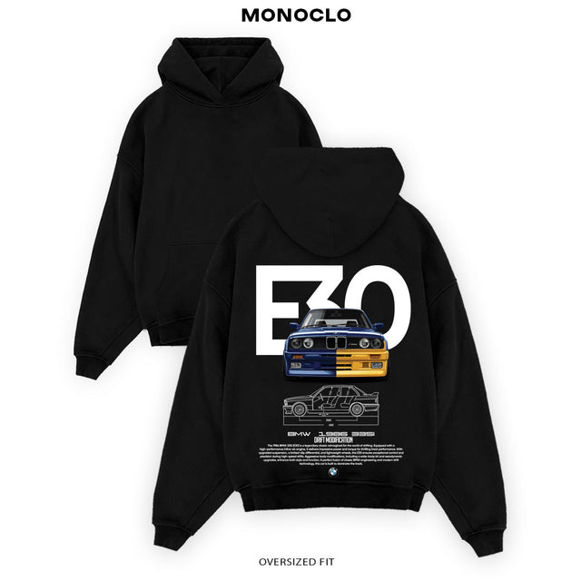 Худі BMW E30 335I Drift чорне – оверсайз худі Monoclo з дрифт-принтом BMW