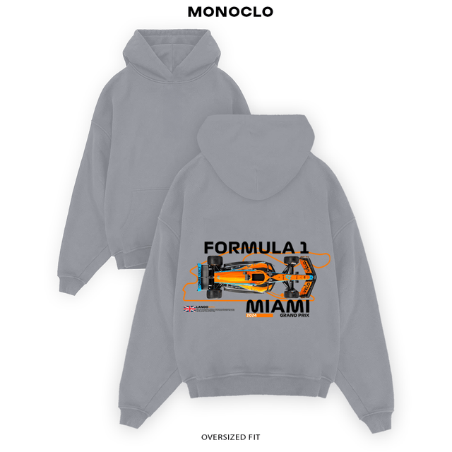 Худі Norris Miami сіре – принт Formula 1 позаду Monoclo