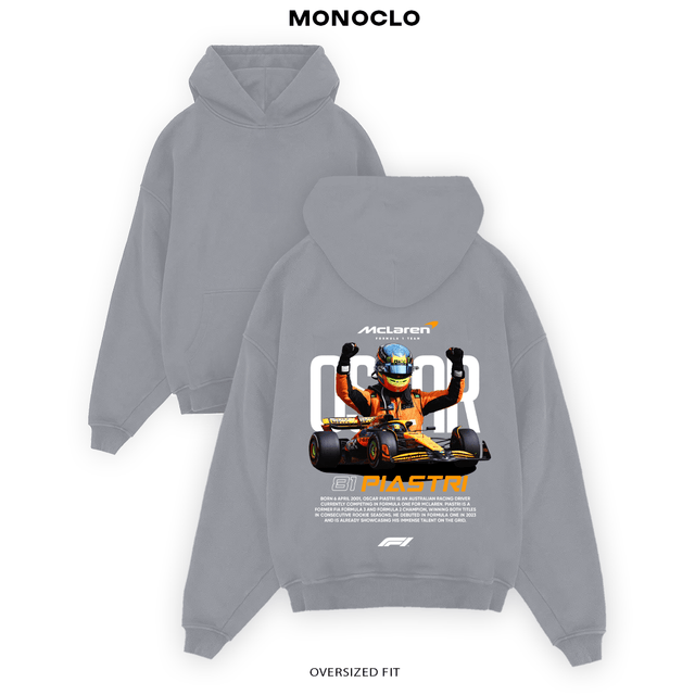 Сіре худі Monoclo Oscar Piastri ⚡ утеплений oversize 320 г/м² з унікальним F1-принтом на спині
