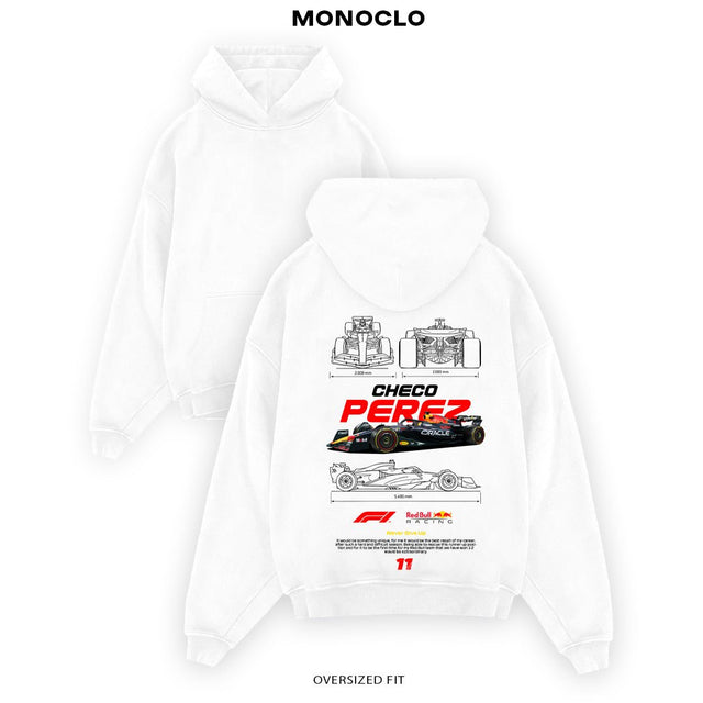 Худі Perez Never Give Up біле - принт Formula 1 позаду Monoclo