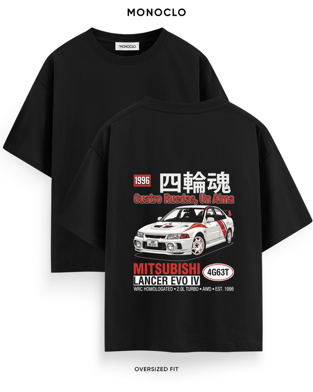 Футболка Mitsubishi Lancer EVO IV Cuatro Ruedas Un Alma — чорний, принт на спині 39 см