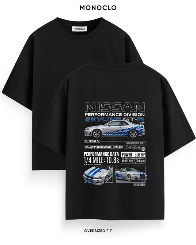 Футболка Monoclo Nissan Skyline GT-R R34 Performance Division — чорний, принт на спині 39 см