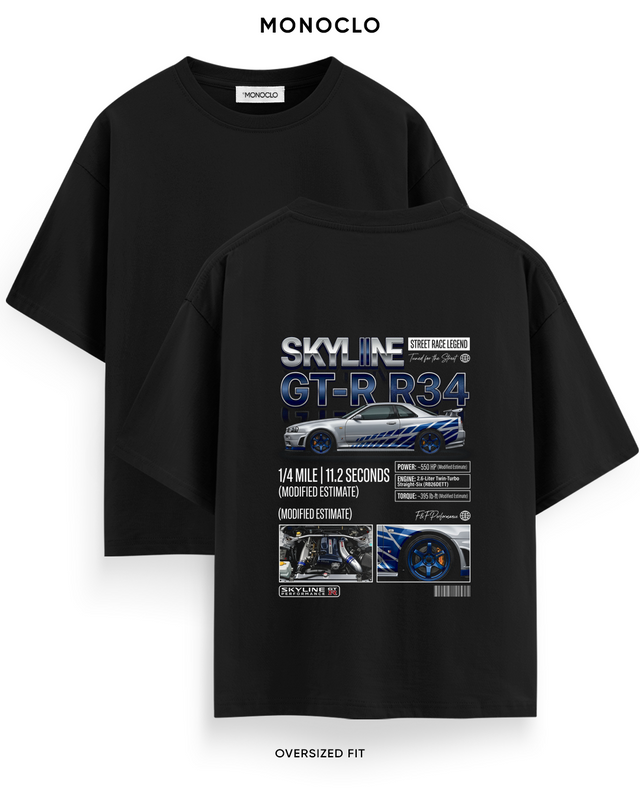 Футболка Monoclo Nissan Skyline GT-R R34 Street Race Legend — чорний, принт на спині 39 см