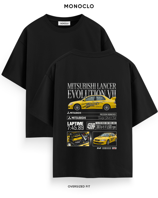 Футболка Monoclo Mitsubishi Lancer Evolution VII Veilside Yellow — чорний, принт на спині 39 см