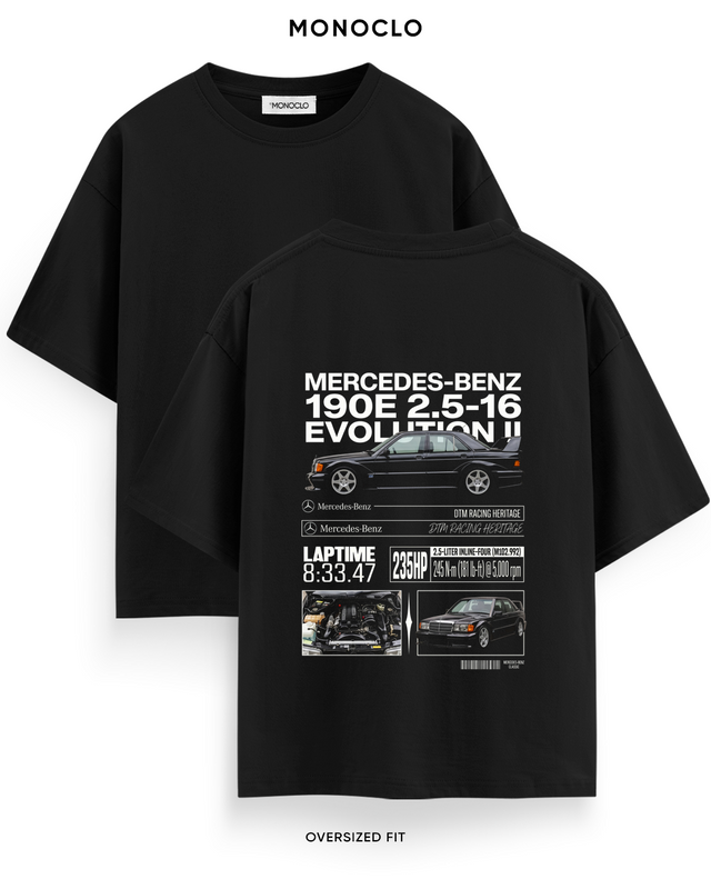 Футболка Monoclo Mercedes-Benz 190E 2.5-16 Evolution II DTM Racing Heritage — чорний, принт на спині 39 см