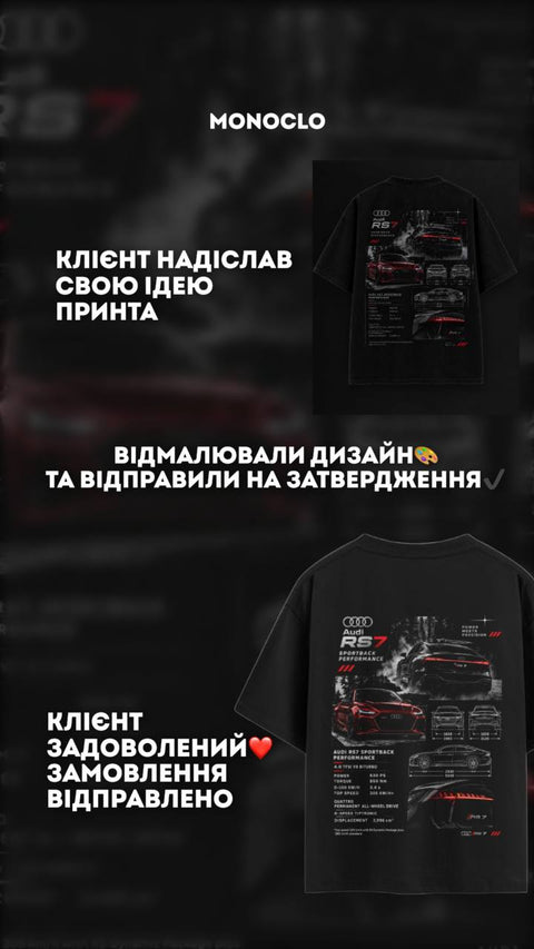 Кейс MONOCLO: ідея клієнта, дизайн і готова футболка з Audi RS7