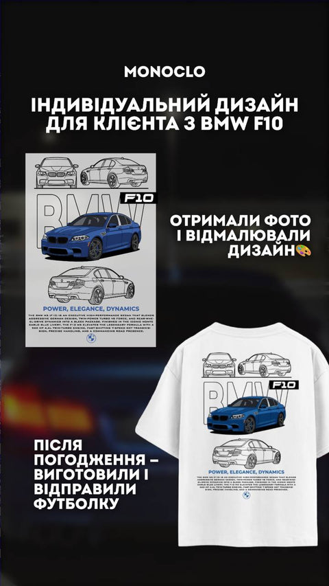 Кейс MONOCLO: індивідуальний дизайн з BMW F10 клієнта на білій футболці
