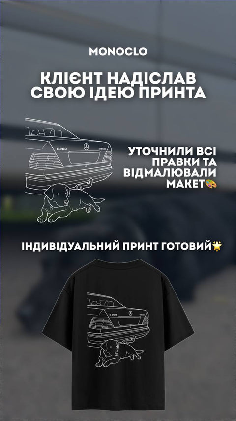 Кейс MONOCLO: лінійний принт Mercedes E200 і собаки за ідеєю клієнта