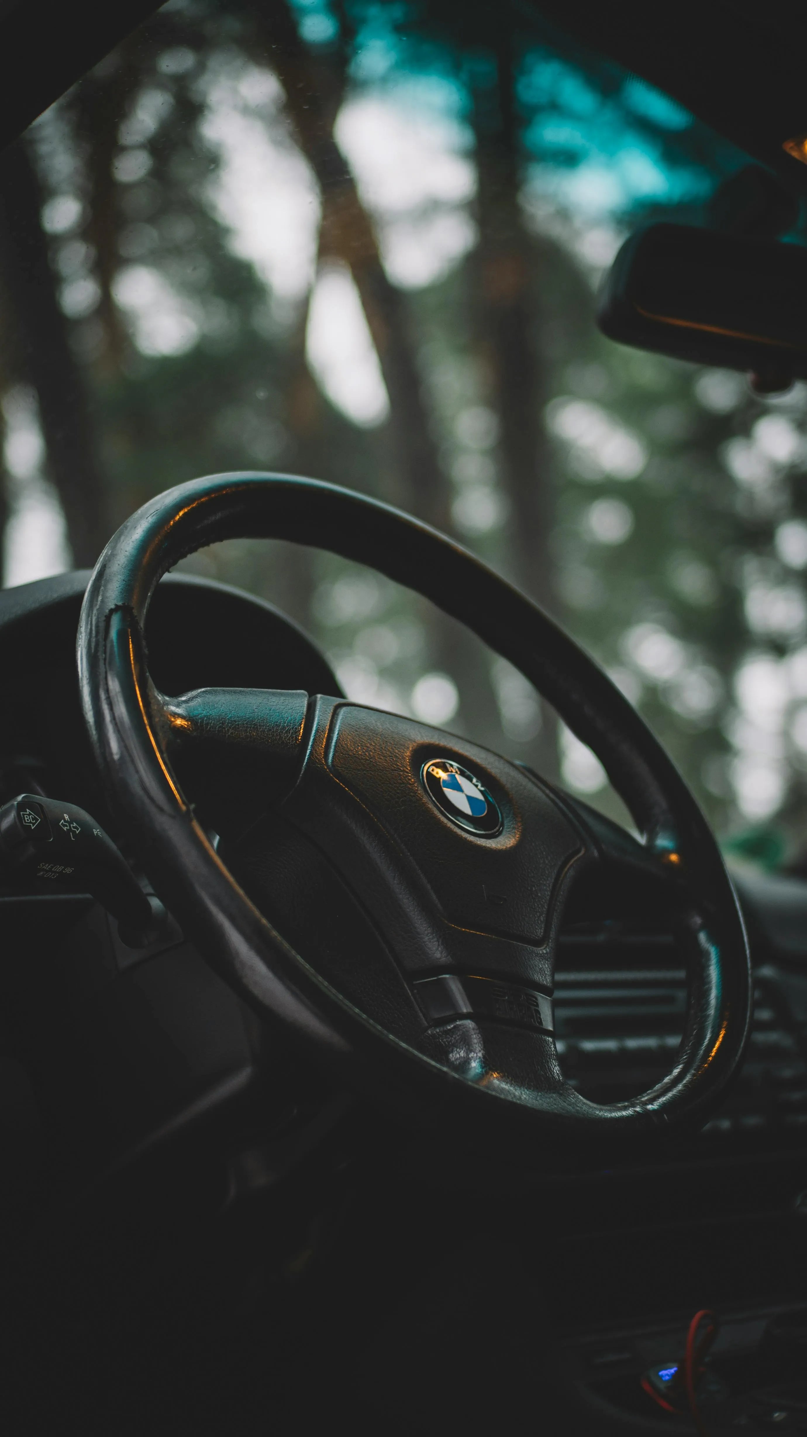 Steering wheel of a car with a BMW logo, blurred background